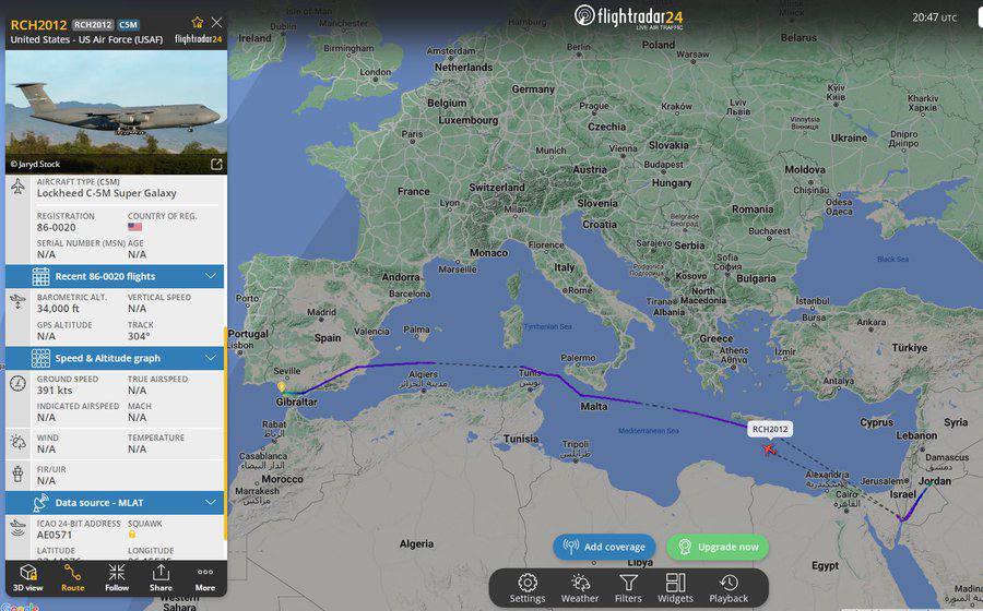 طائرة شحن عسكري تابعة لـ ⁧ الولايات المتحدة⁩ من طراز Lockheed C-5M Super Galaxy في رحلة عودة من مهمة في ⁧الأردن⁩